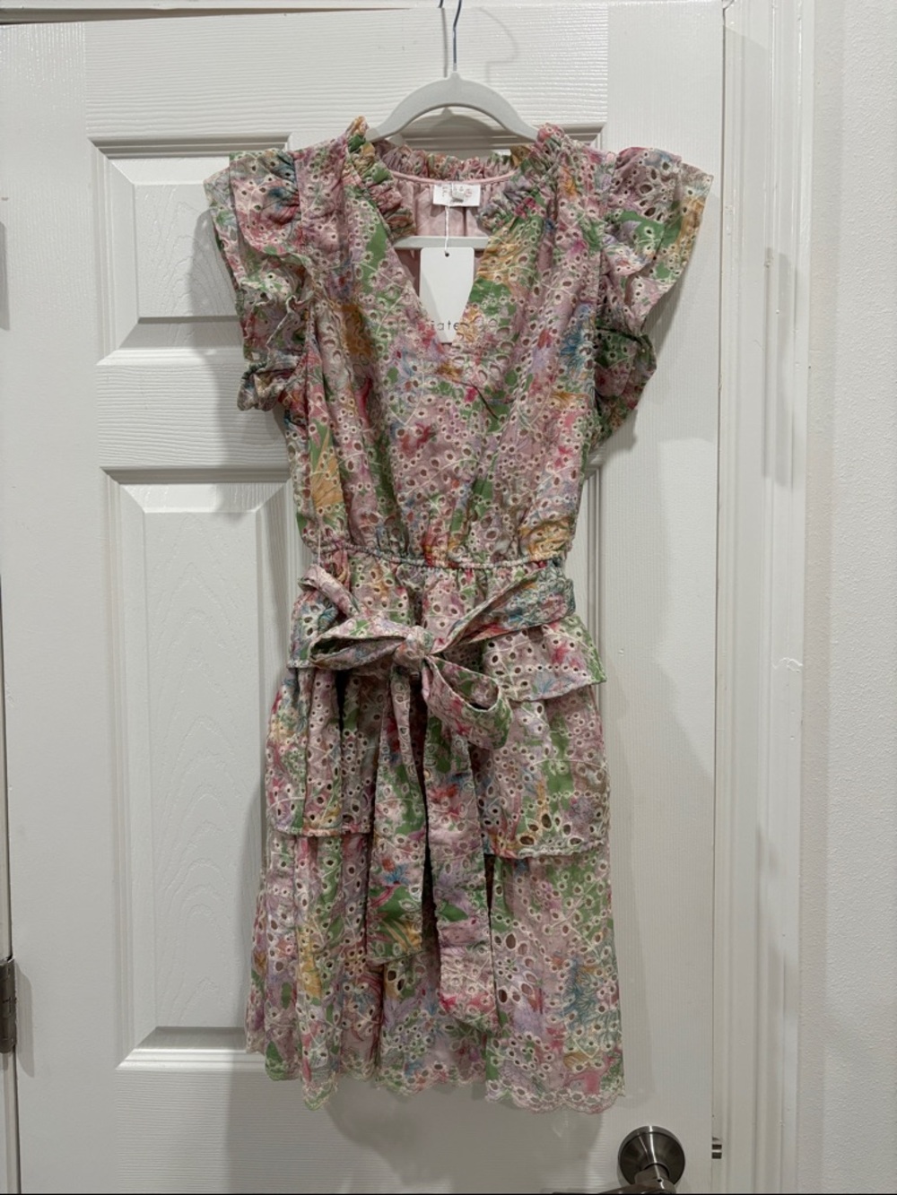 Fate Pink Multicolor Eyelet Tie-Waist Mini Dress